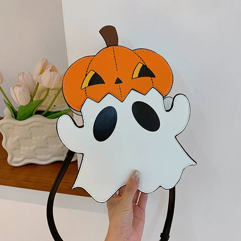 Halloween shoulder bag with 3D pumpkin ghost design in white
