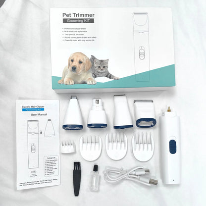 Pet shaver electric clipper suit with ABS body and white porcelain blade, shown in grey, pink, or blue set options.