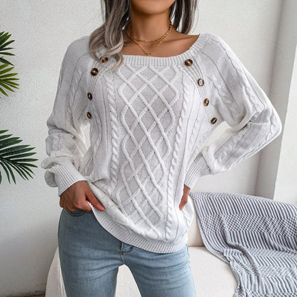 A stylish knitted sweater with a square neckline and button accents, available in a variety of trendy colors for a cozy and fashionable winter look.