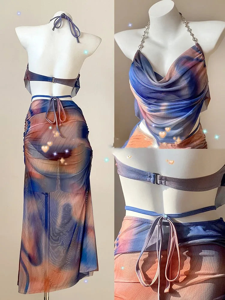 Women's blue print bikini set with triangle top, pants, and skirt, showing steel support structure.