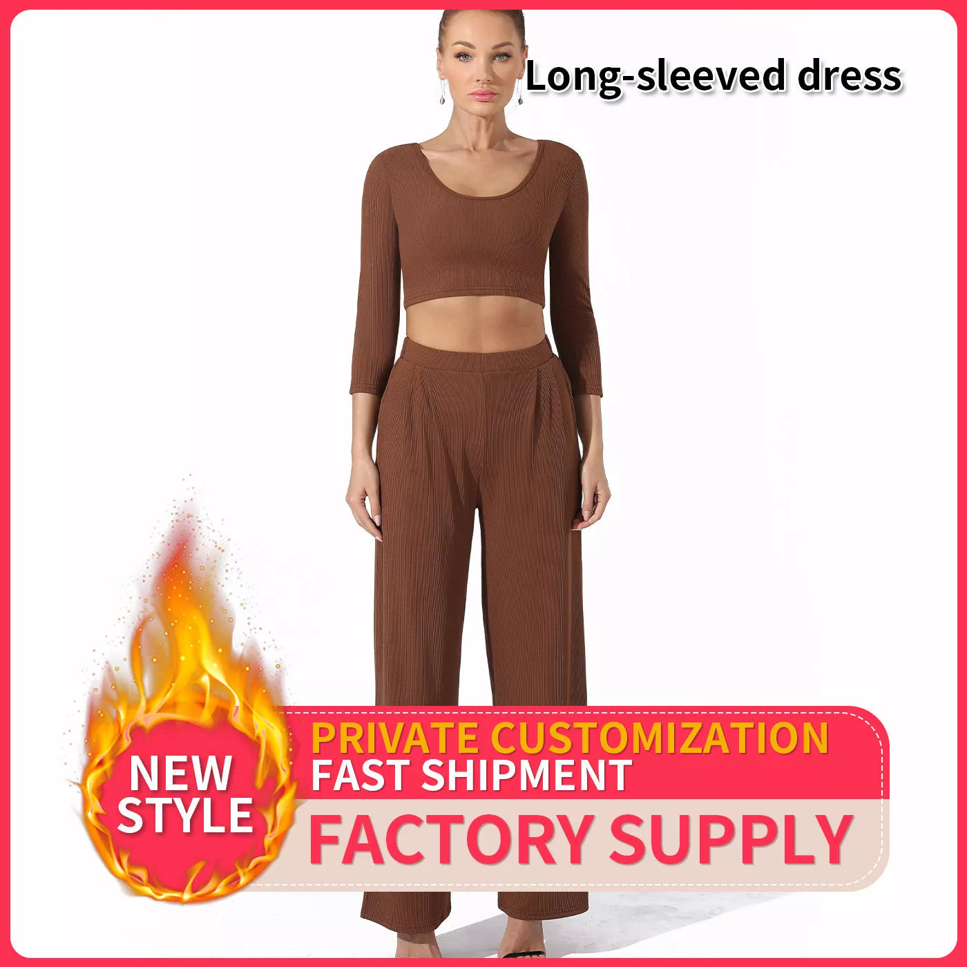 Women's solid color top and pants set in black or coffee, sizes S to 4XL