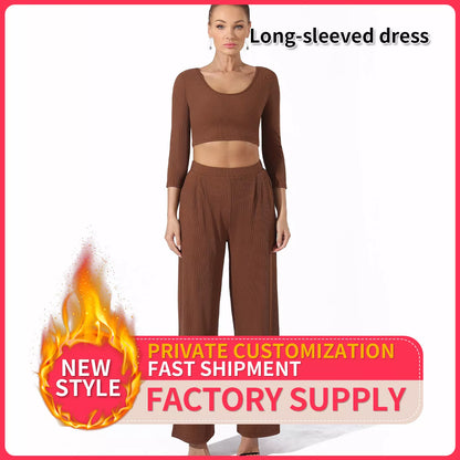 Women's solid color top and pants set in black or coffee, sizes S to 4XL