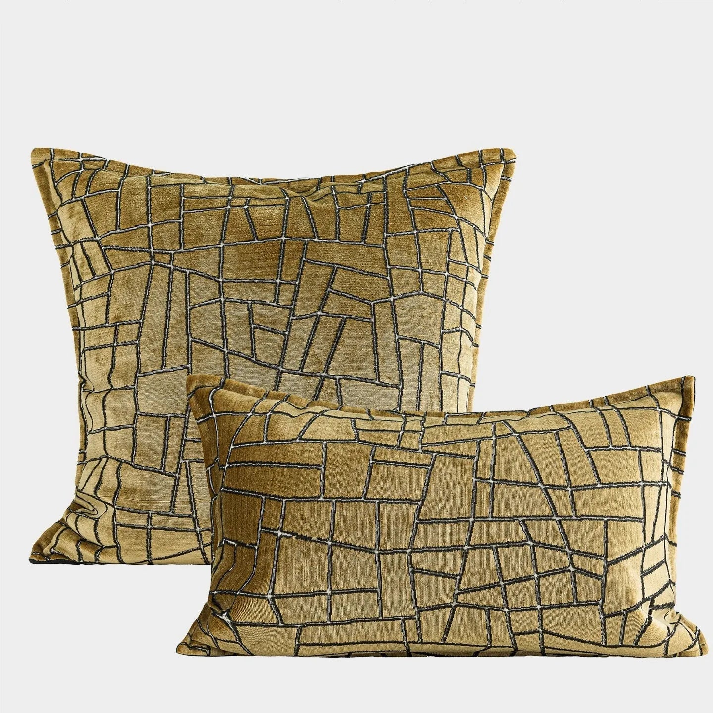 Gold geometric abstract decorative pillow in 50x50cm, 45x45cm, and 30x50cm sizes with polyester cover