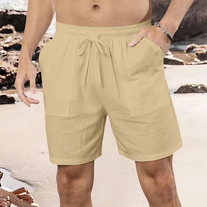 Men's straight leg linen shorts in light blue on a plain background