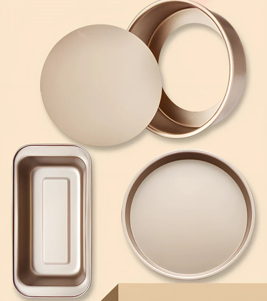 Baking tool set with 5 golden abrasive tools, cake tin, pizza tray, silicone brush and demoulding knife