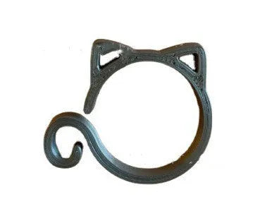 Red cat-shaped plastic gardening clip securing plant stem, showing 3cm length and decorative feline design