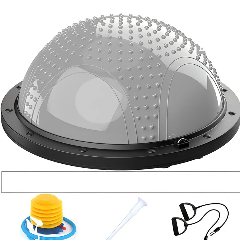 Blue Pilates exercise ball with inflation pump and storage accessories for home fitness