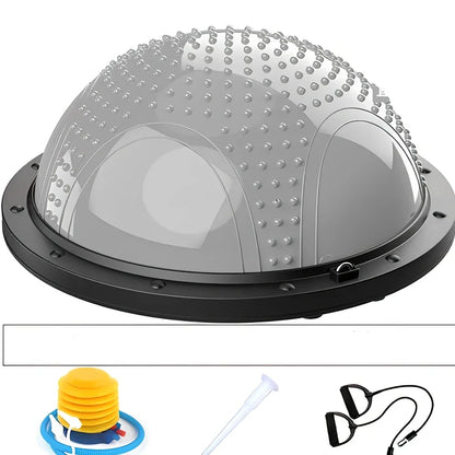 Blue Pilates exercise ball with inflation pump and storage accessories for home fitness