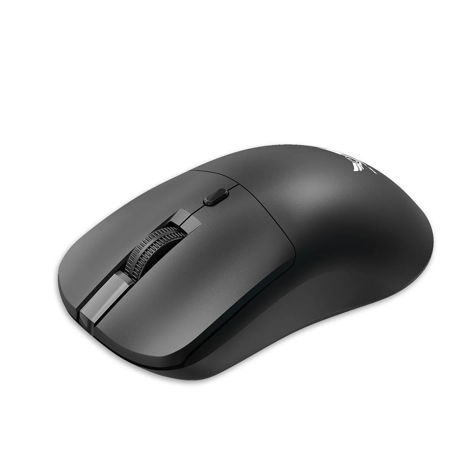 Black wireless computer mouse with three-gear audio button showing top view