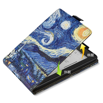 Handheld protective case for 6-inch e-reader in TPU with embossed bracket style, available in colours like black, grey, and designs such as Van Gogh starry sky.