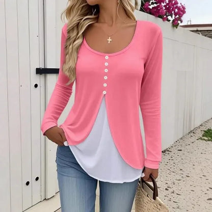 Women's two-piece long-sleeved T-shirt set in contrast colour, slim fit, available in black pink violet light gray