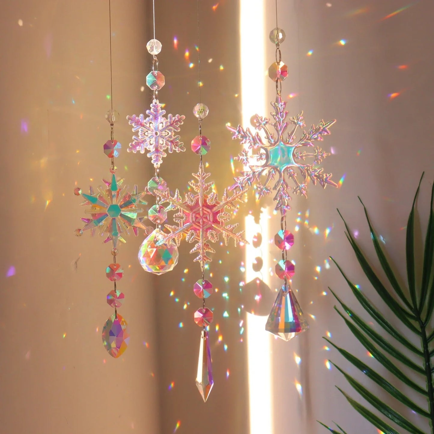 Christmas tree decoration dreamcatcher with AB colour acrylic snowflakes in multiple sizes and shapes