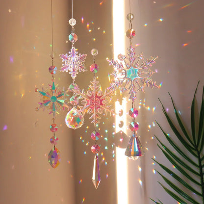 Christmas tree decoration dreamcatcher with AB colour acrylic snowflakes in multiple sizes and shapes