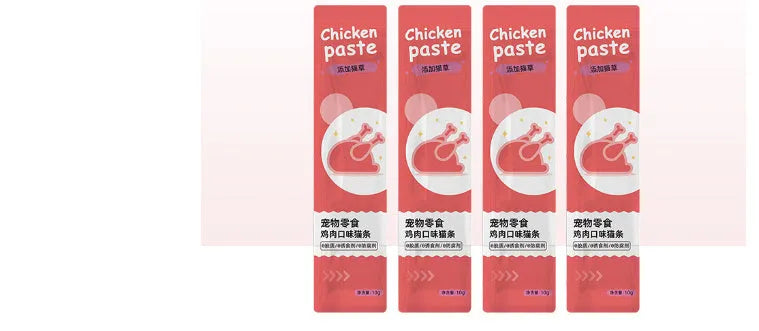 Pack of 10 thin cat strip snacks in four flavours for kittens.