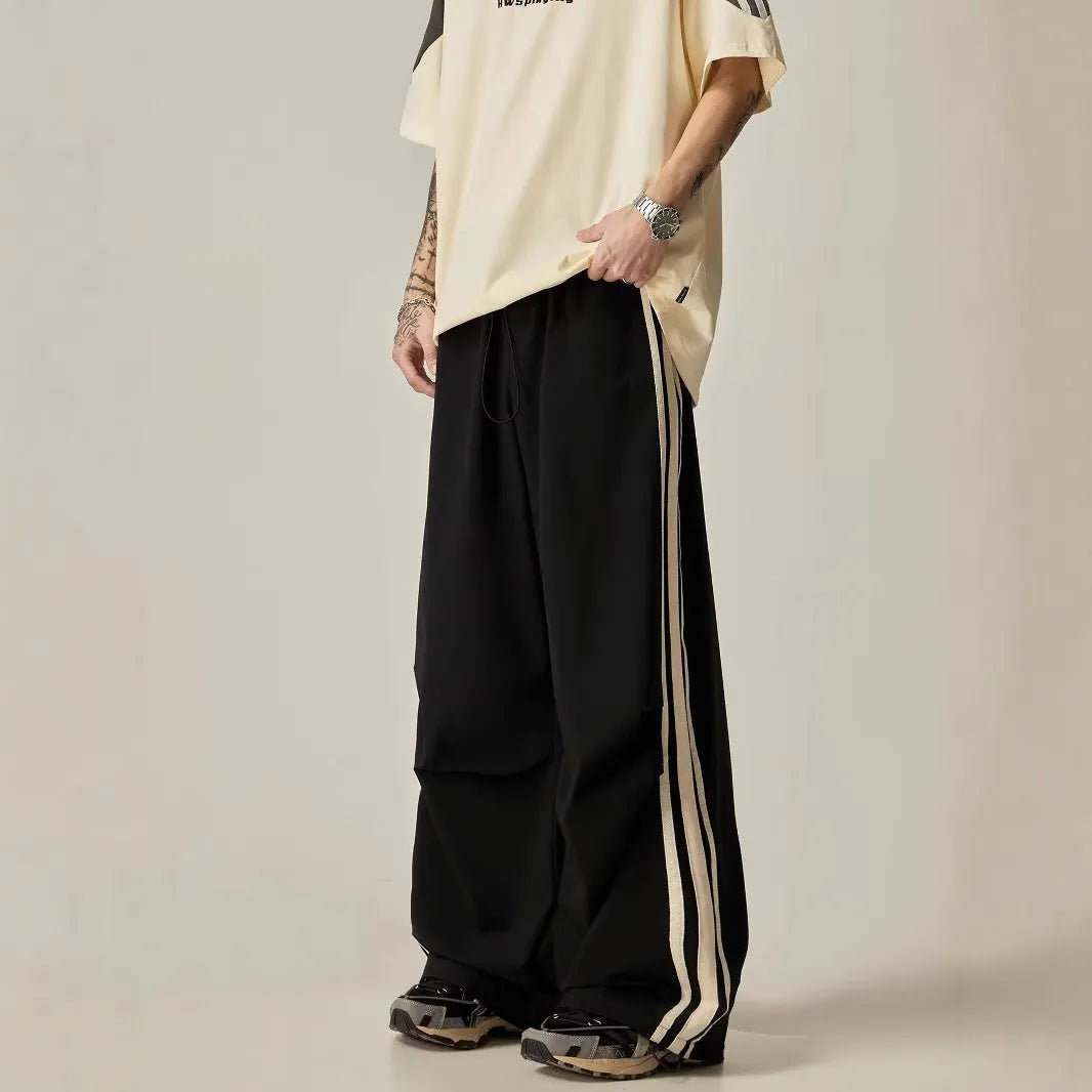 Black wide leg climbing pants for men with high waist and straight-leg design, sizes M to 3XL