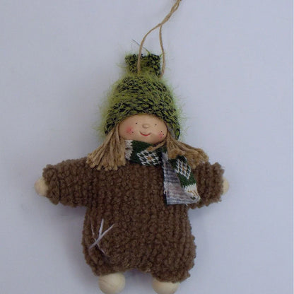 Christmas Easter fabric plush doll in dark brown with green clothing and red hat showing two size options