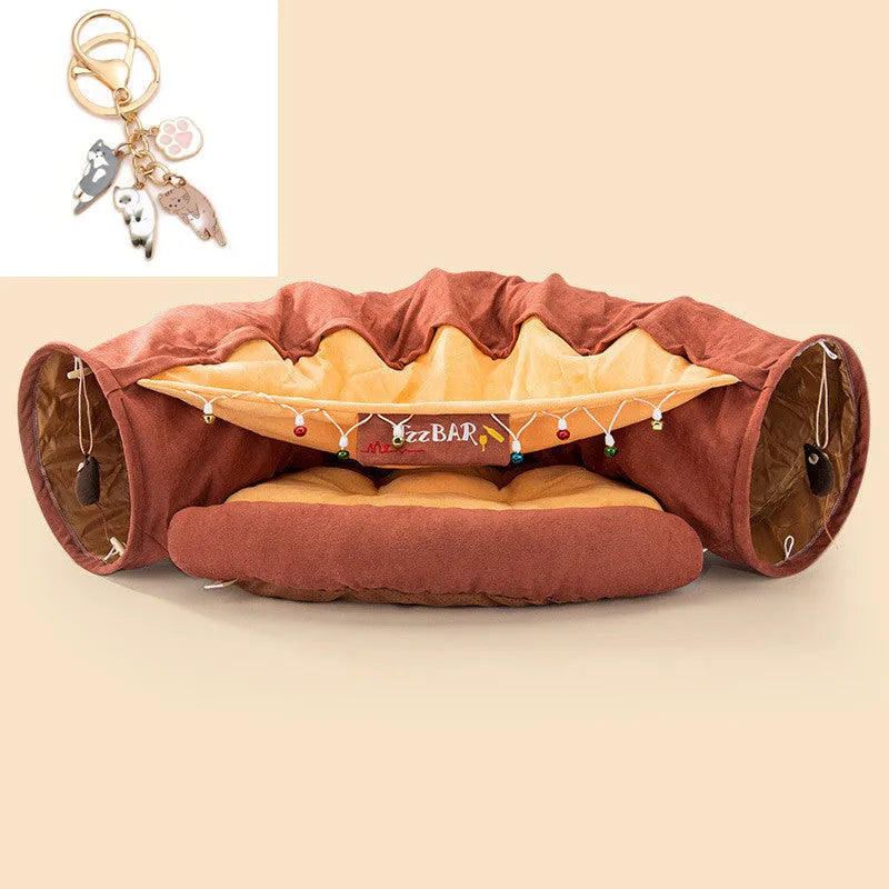 Collapsible cat tunnel in cloth material showing Bar, Coffee, Matcha and Pink colour options