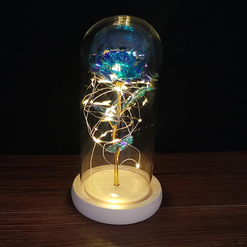 Enchanted Forever Rose in Glass LED Light Christmas Decoration with wooden base