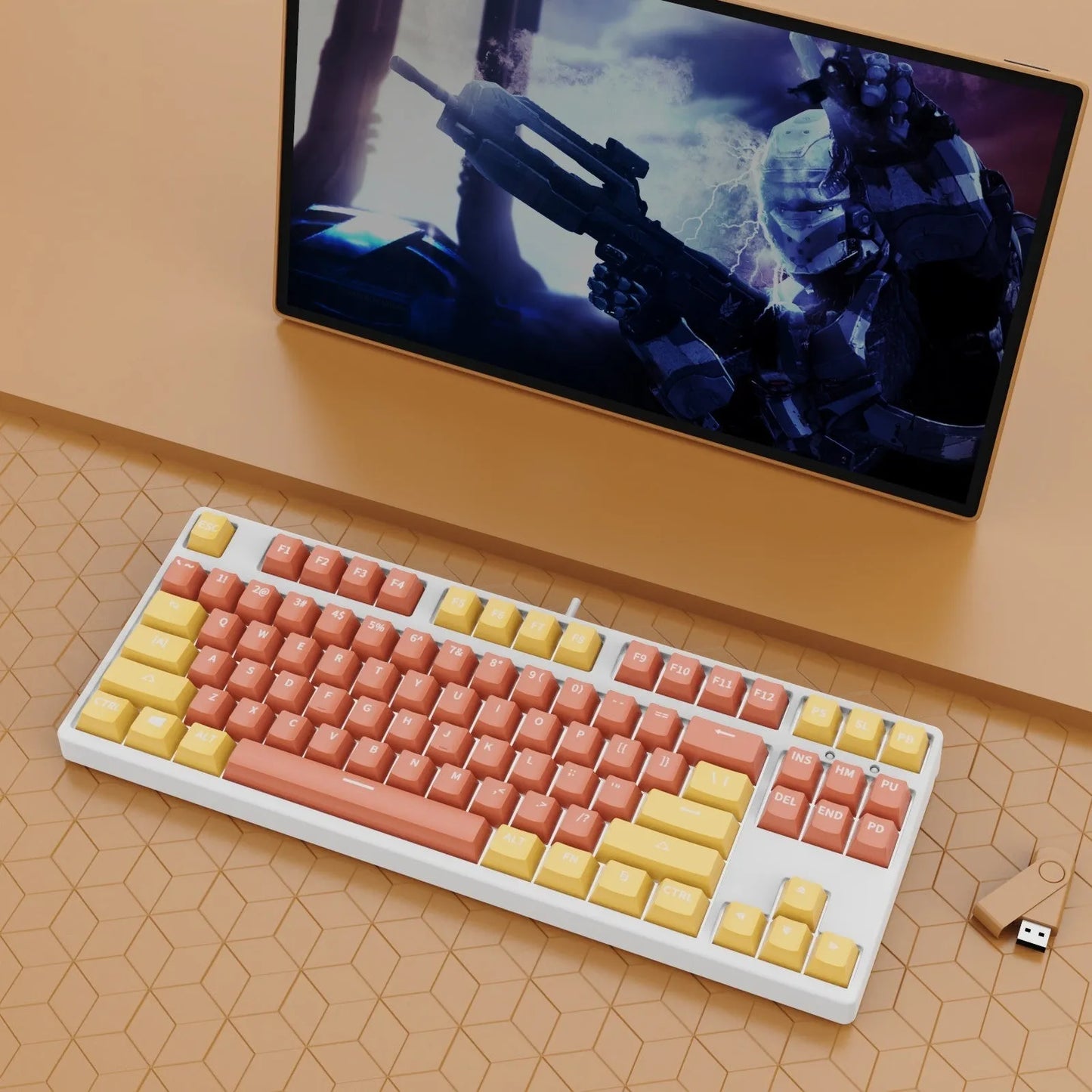 87-key mechanical keyboard with two-tone coloured keycaps on metal case