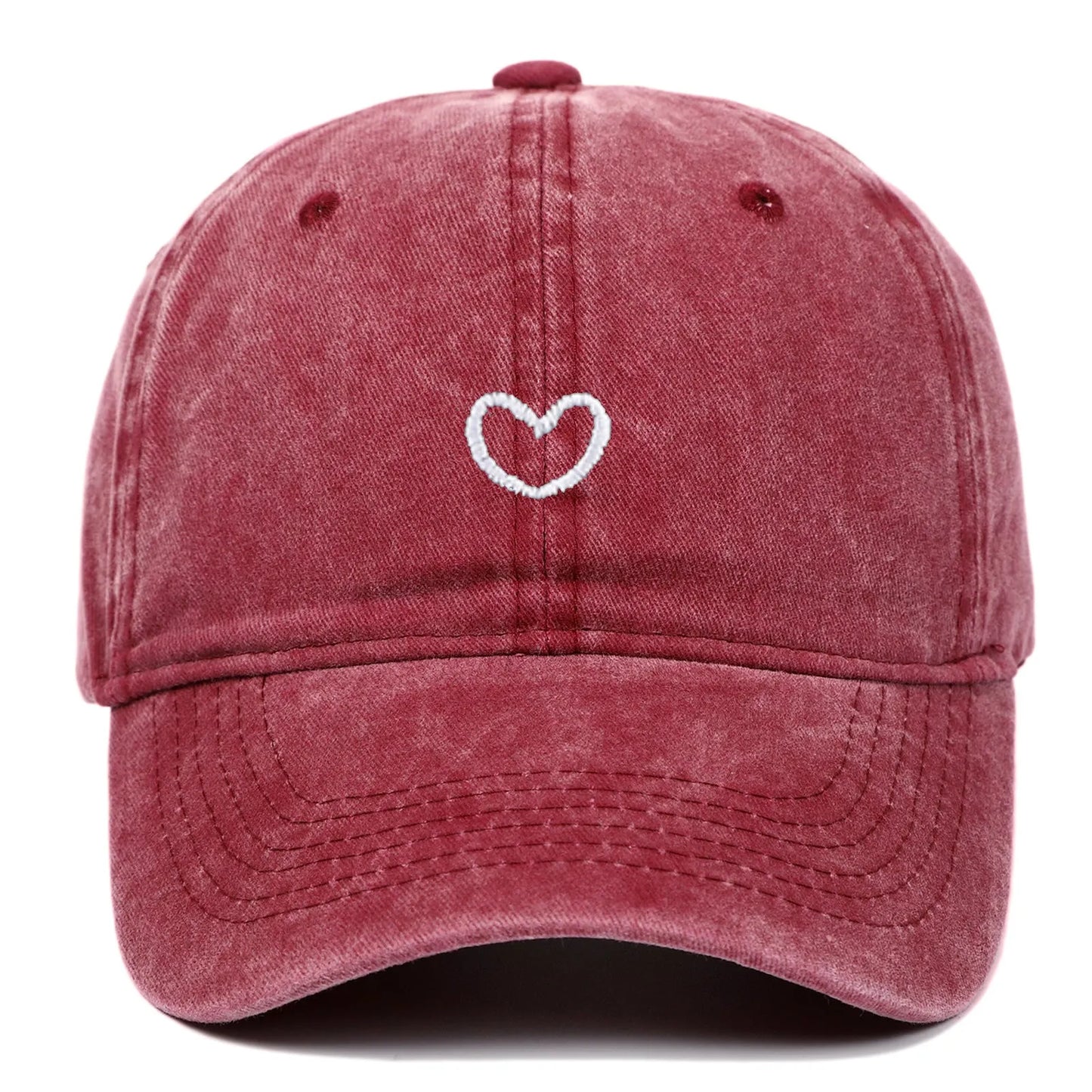 Adjustable cotton baseball cap with embroidered retro love design in various colours.