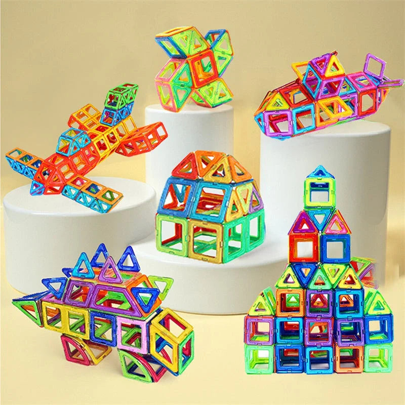 Colorful magnetic building blocks with children playing and building structures