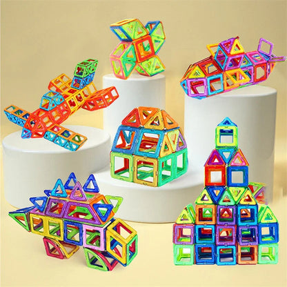 Colorful magnetic building blocks with children playing and building structures