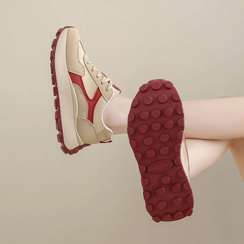 Women's Low-Top Solid Colour Sports Shoes Platform Height Increasing Flat Sole Running Leisure Shoes in Card Black, Khaki Red, or White Gray Sizes 35-40 with Rubber Sole and Sewn Detailing
