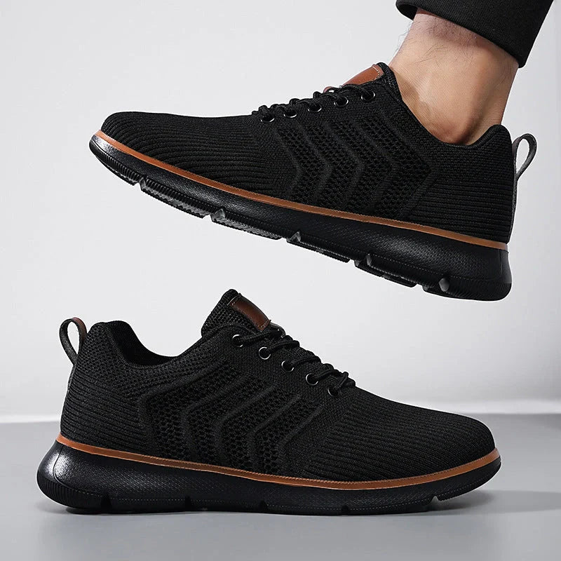 Men's black lace-up mesh sneakers with woven detail for casual and sports wear
