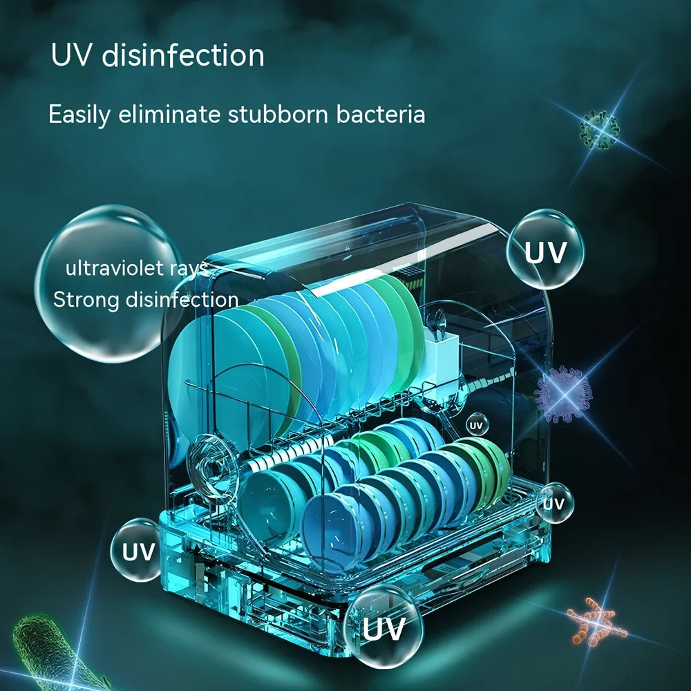 White desktop kitchen disinfection dryer with compact design showing control panel and 360° constant temperature technology