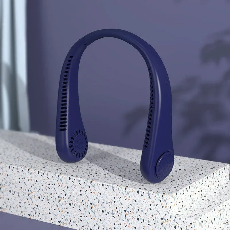 Blue USB charging portable bladeless neck fan with adjustable settings for students and office use