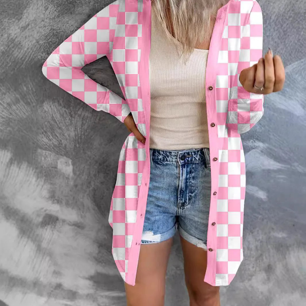 Women's long grey plaid knitted cardigan coat with loose fit and regular sleeves on a hanger