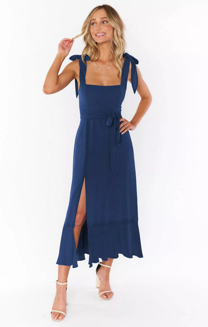 Women's summer suspender split dress with lace-up detail in various colors