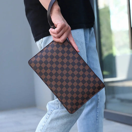 Men's black checkered PU leather clutch wallet open, showing six card slots and a central zippered pocket.