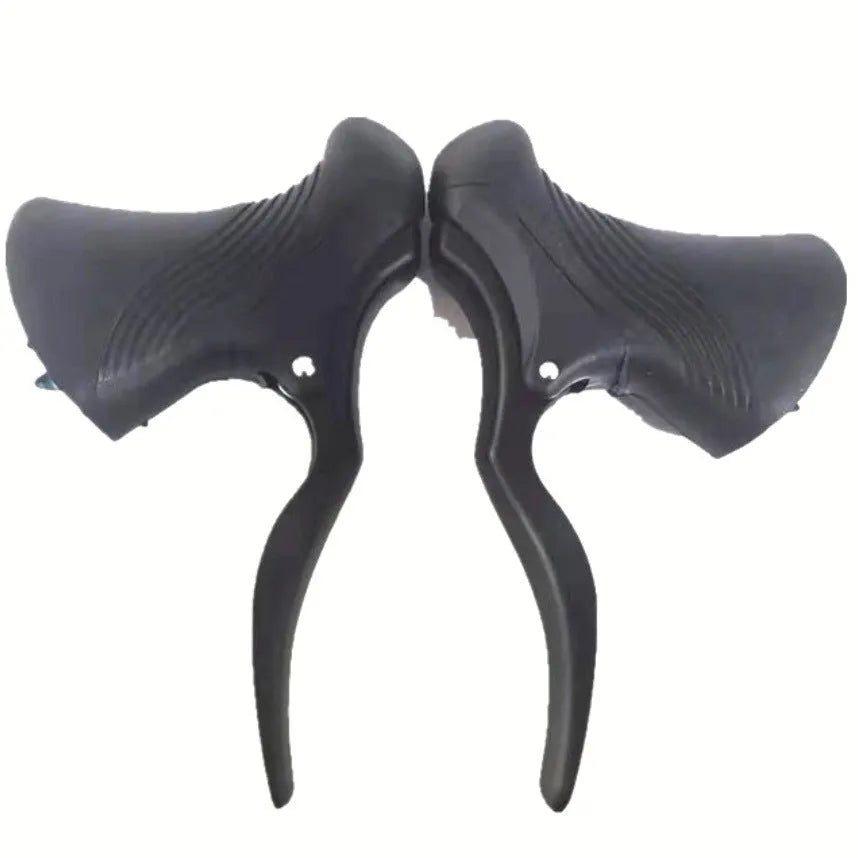 Pair of aluminium alloy road bicycle brake levers in black, shown next to a ruler indicating 22.2mm and 23.8mm measurements.
