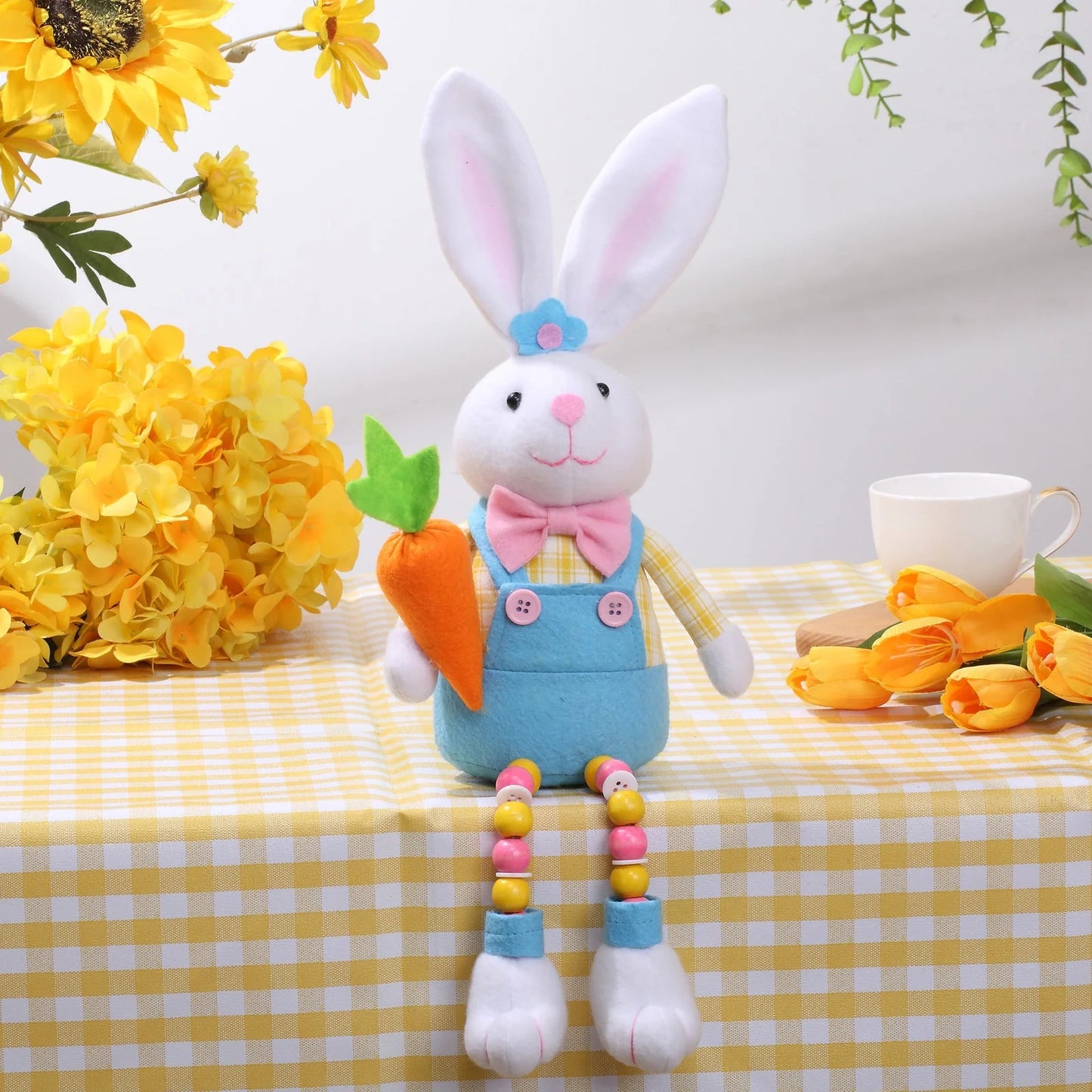 Hand-sewn Easter bunny doll ornament with non-woven fabric construction in radish or flower style