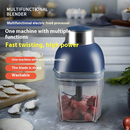 Dark blue meat grinder blender with 200W motor, 25cm height, universal voltage 111V-240V compatibility