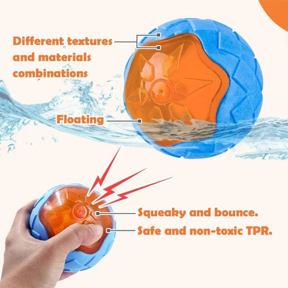 Three dog toys: blue ball, red barbell, and orange tire with bumpy textures for floating fetch games