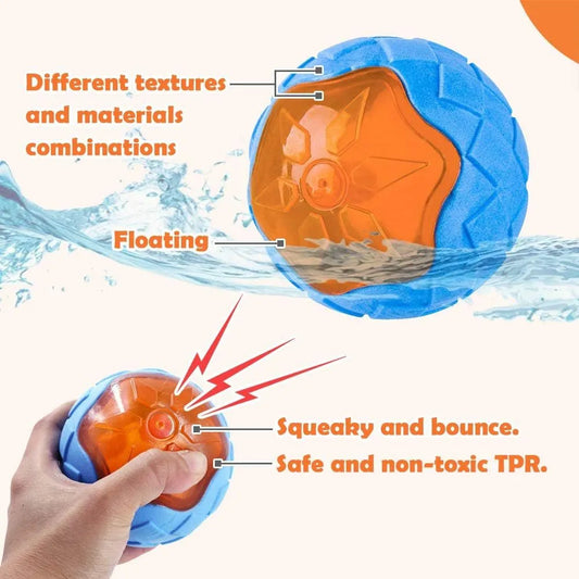 Three dog toys: blue ball, red barbell, and orange tire with bumpy textures for floating fetch games