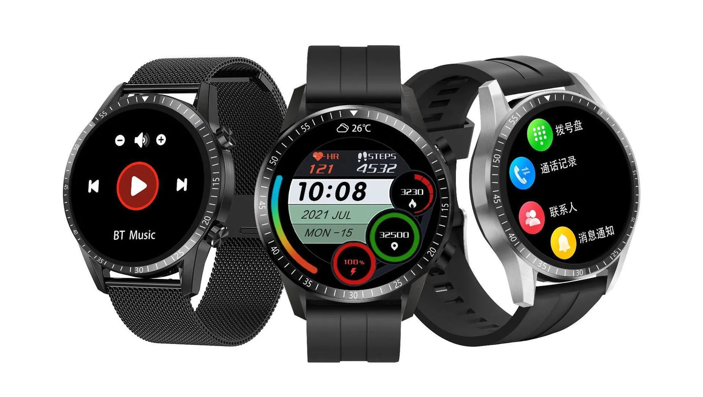 Round smartwatch with aluminium alloy case on wrist, showing interface with heart rate data.