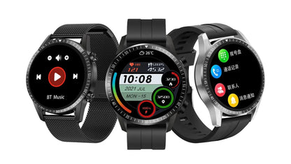 Round smartwatch with aluminium alloy case on wrist, showing interface with heart rate data.