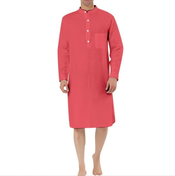 Men's cotton shirt robe in a light blue colour with a front chest pocket and button front.
