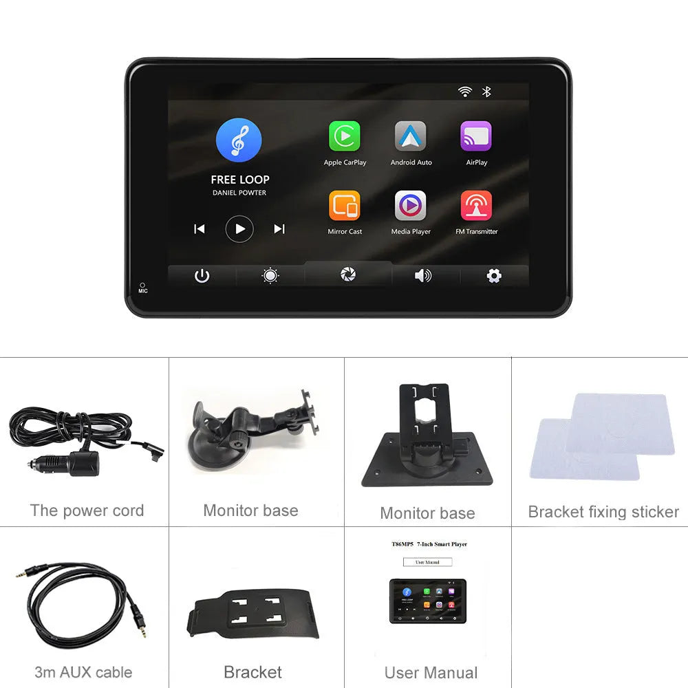 7-inch HD wired car screen player with universal mounting supports on black background
