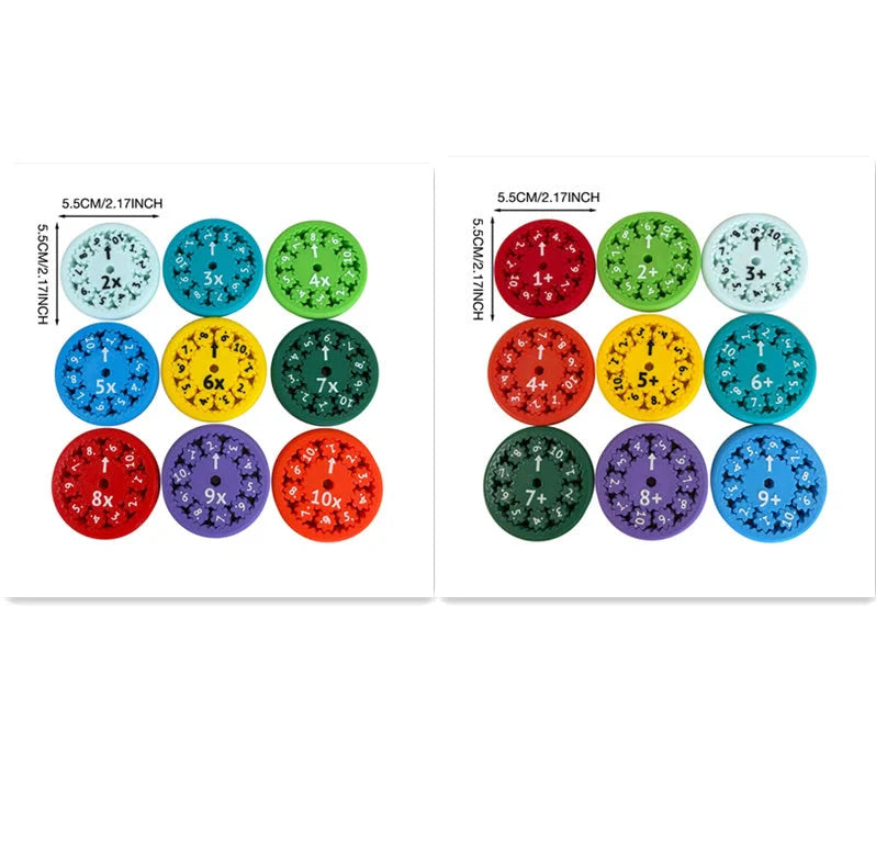 Colorful math fact fidget spinners with addition, subtraction, multiplication, and division equations for interactive learning and math practice