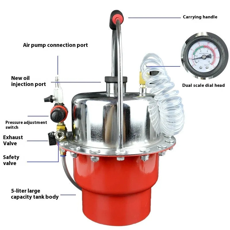 Pneumatic brake fluid replacement machine with 10-litre tank capacity, working pressure range 10 to 40 PSI, manual pressure regulator with lock, transparent polyurethane drain pipe, and 1/4-inch quick air inlet interface.