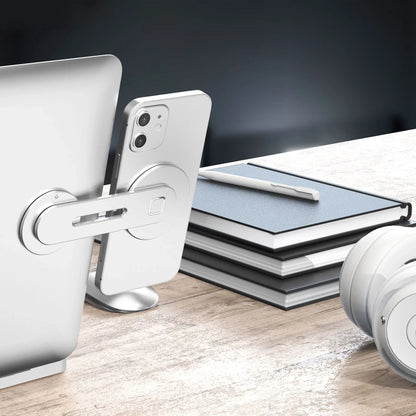 Adjustable phone mount with magnetic base, attaches to desk or laptop for hands-free use
