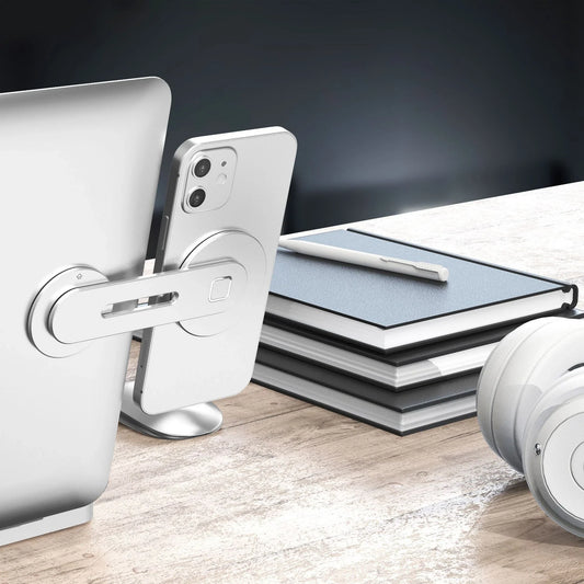 Adjustable phone mount with magnetic base, attaches to desk or laptop for hands-free use