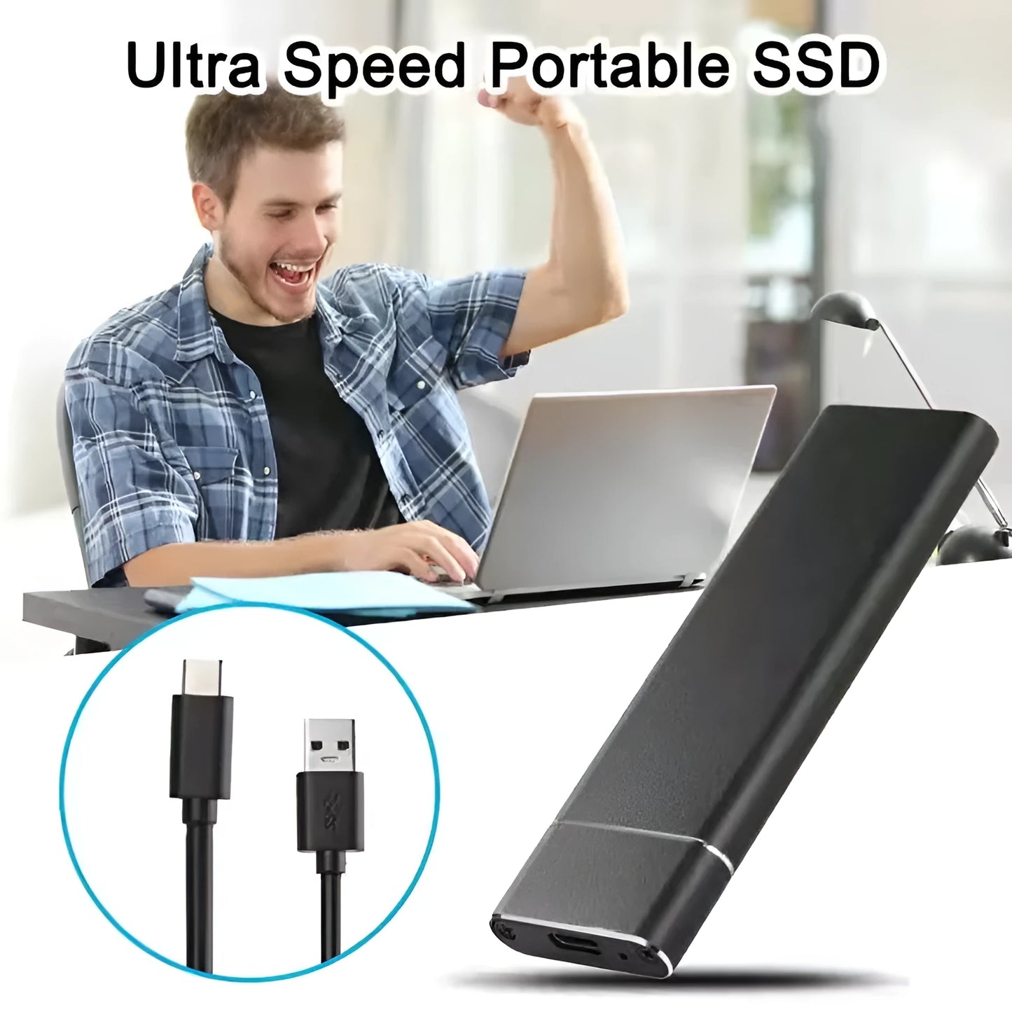 High-speed SSD external mobile hard disk with a metal shell, shown in multiple colour options.