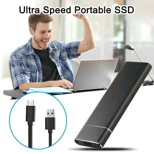 High-speed SSD external mobile hard disk with a metal shell, shown in multiple colour options.
