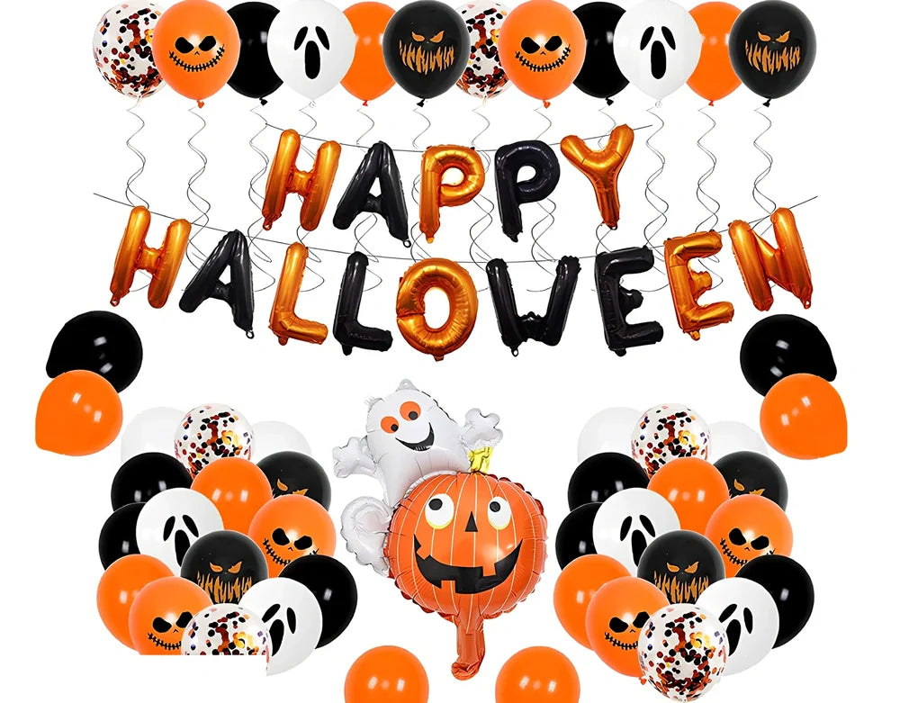 Halloween latex balloon set with bat designs, 12-inch black and orange balloons, 10m chain, and ribbons for party decor