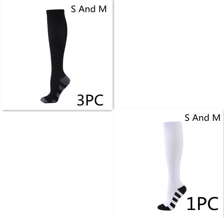 Athletic compression socks with three-bar design in black, pink, and white